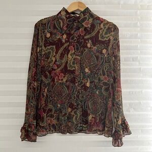 Pretty Angel Burgundy Paisley Silk Blend Pleated Button Front Blouse Bell Cuff M